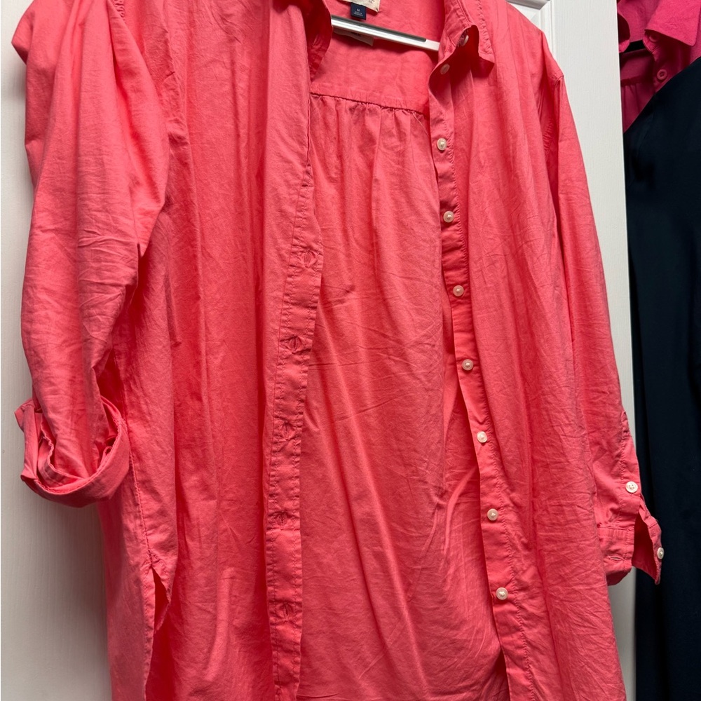 Women's Coral Button-Up Shirt-Tunic length